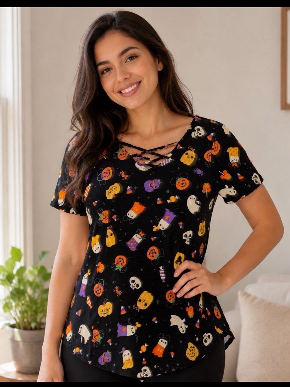 Disney Black Halloween Print Crisscross Neck Tee